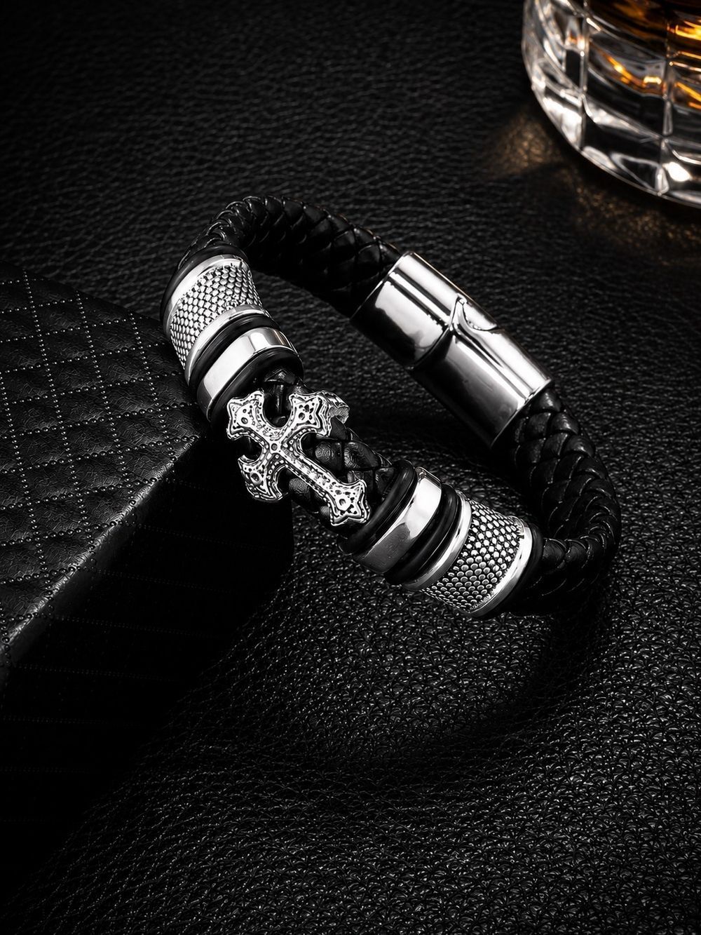 Men's Black Leather Bracelet with Silver Cross Accent
